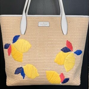 kate spade Natural Straw Tote with Yellow, Blue and Red Floral Embroidery